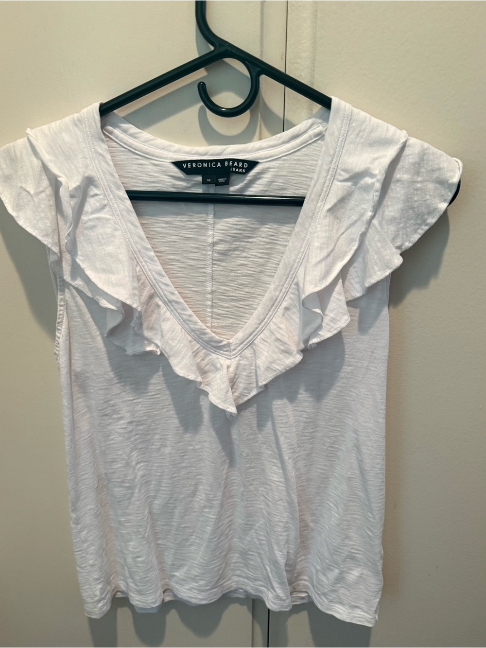 Veronica Beard White Ruffle V-Neck Short Sleeve Tee